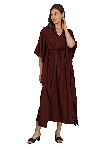 Image of Serein Women's Kaftan Dress (Maroon Polka Printed Crepe Kaftan Maxi with Waist String & V-Neck) (Maroon, Large) (SER-DRESS-GU-1-L)