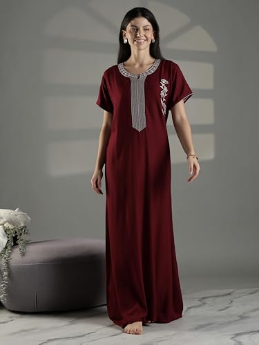 Image of 9shines Label Stylish Alpine Nighty Maxi for Women | Full Length Trendy Nightgown | Premium Nightdress | Nightwear | Heavy Embroidery Nighty with Pockets(2891)