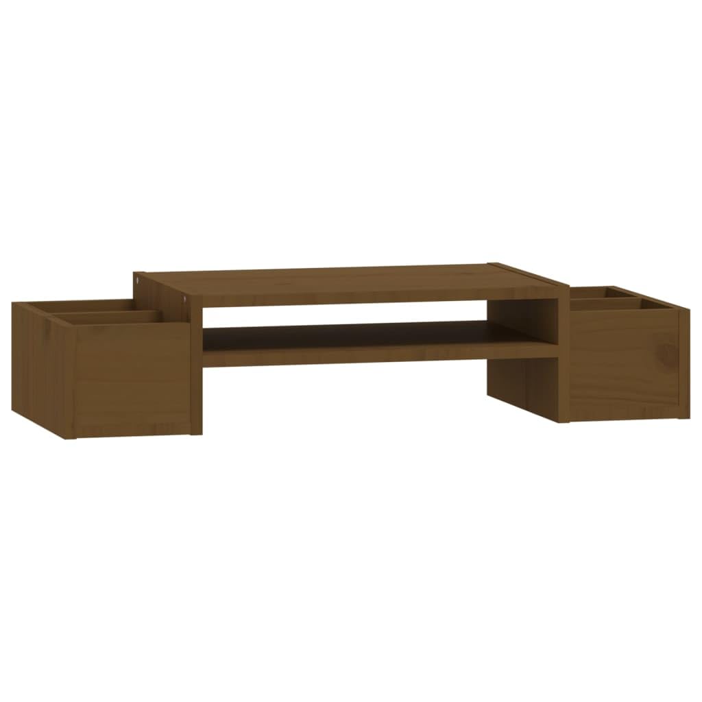 Générique Stojak na monitor z litego drewna sosnowego miodowo-brązowy 70 x 27 x 15 cm, minimalistyczny design ze stabilną ramą i 4 bocznymi przegródkami do przechowywania na klawiaturę i akcesoria