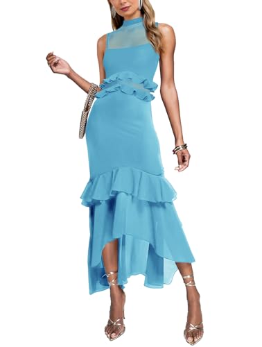 Image of Aisbei Women's Elegant Bodycon Maxi Dress Mock Neck Sleeveless Mesh Ruffle Dress Party Cocktail Formal Wedding Guest Dresses