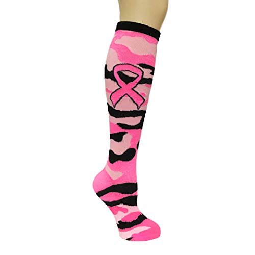 Breast Cancer Awareness Socks - Camo Camouflage Pink Ribbon Socks - Knee High for Women Men Youth - Matching Run Walk Events