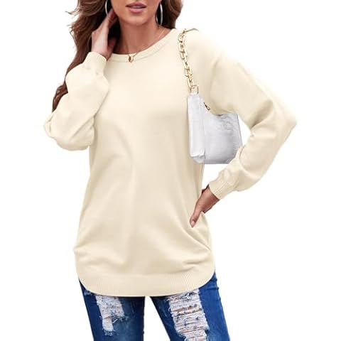 BELAROI Plus Size Sweaters for Women Long Lantern Sleeve Tunic Tops Crew Neck Solid Color Knit Pullover Jumper Casual Loose Fall Winter (3X, Beige) Cover