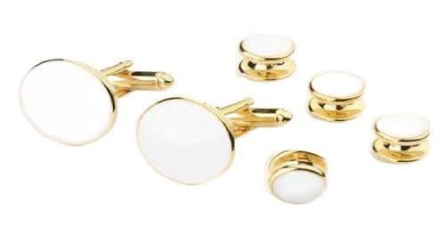 David's Formal Wear White Tuxedo Studs and Cufflinks Gold Trim