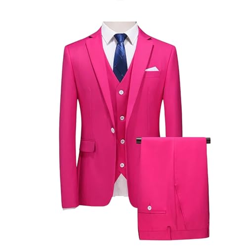 Men 3 Piece Business Wedding Party Fashion Slim Single Breasted Jacket Vest Pants Rose Red