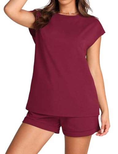 WIHOLL 2 Piece Sets for Women Casual Summer Travel Vacation Outfits Cap Sleeve Shorts Lounge Set4