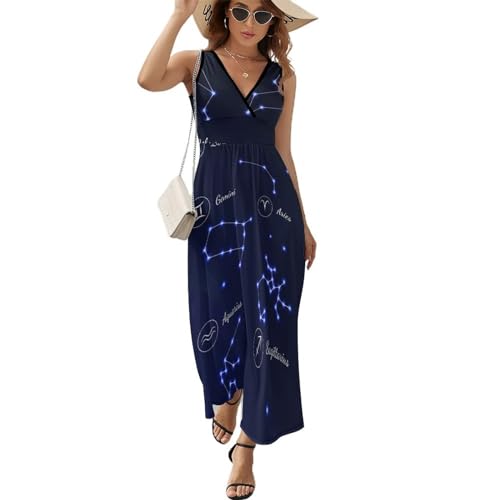 Robe longue d'été imprimé Douze Constellations : robe maxi col V au tombé fluide