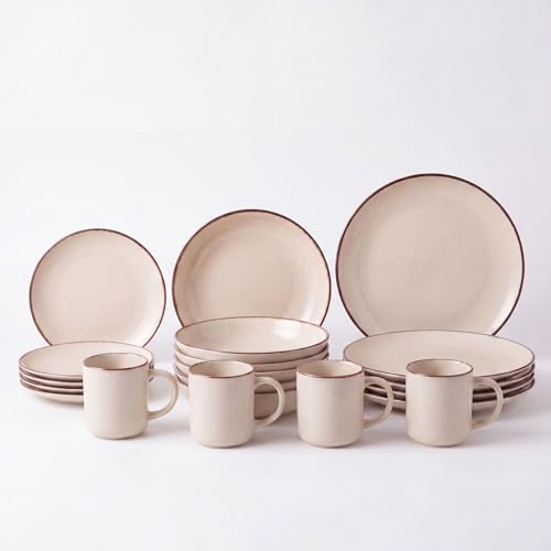 SANTA CLARA | Vajilla Completa 16 Piezas Cerámica Stoneware para 4 Personas, Apta Microondas y Lavavajillas, Vajilla Trento Alfares con Acabado Beige y Borde Marrón para Hogar y Cocina