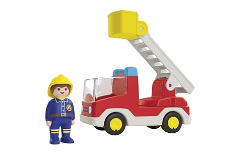 Playmobil 71683 Junior : Camion de Pompier avec échelle pivotante - Comprenant Une échelle Extensible et Un Pompier - Jouet fabriqué à partir de matière d'origine végétale - Dès 12 Mois