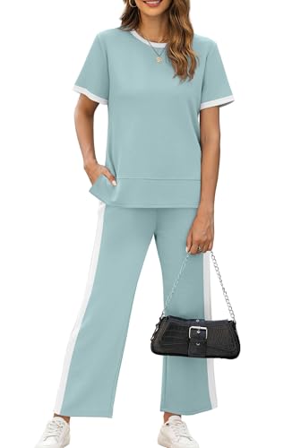 Image of XIEERDUO Women's 2 Piece Outfits Summer Lounge Sets Side Slit Loungewear | Short Sleeve Top Matching Wide Leg Capri Pants