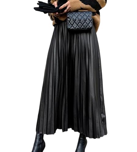 Women Faux Leather Pleated Skirt Fashion High Waist A Line Midi Skirt Casual Office Wear