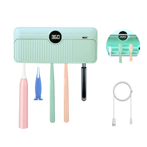 Kuopry Toothbrush Holder with 5 Slot, Rechargeable Toothbrush Organizers for Bathroom, Wall Mounted with Sticker, Automatic Cleaner with Timer, Kids Toothbrush Holder for Electronic Toothbrush, Razor