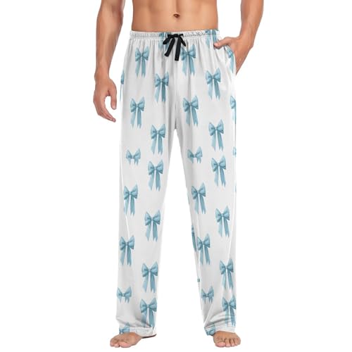 Men’s Light Blue Bows Pajama Pants with Pockets, Comfortable Lounge Sleep Bottoms#173