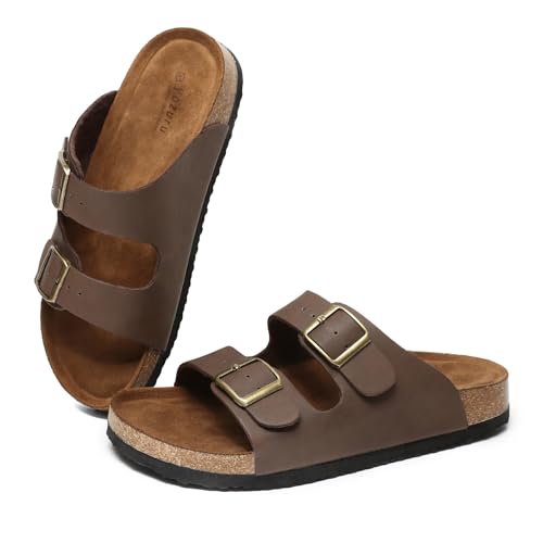 Yozuru Womens Flat Sandals Cork Footbed Slides with Arch Support Adjustable Buckle Slip on Slides Summer Open Toe Beach Sandals