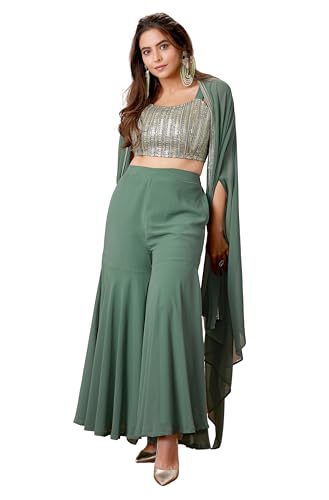 Image of Janasya Womens Crop Top with Sharara & Cape Set