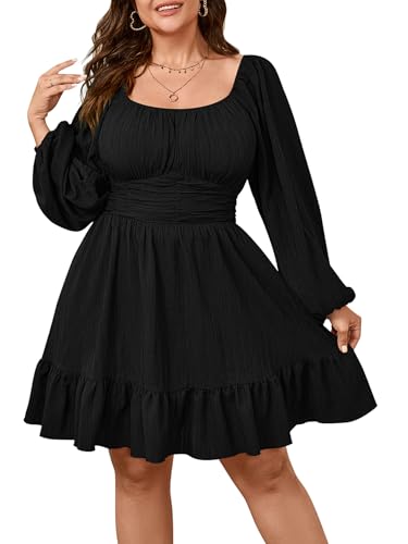 Womens Plus Size Dress Casual Long Lantern Sleeve Square Neck Textured Ruffle Flowy Ruched A-Line Mini Dresses for Women