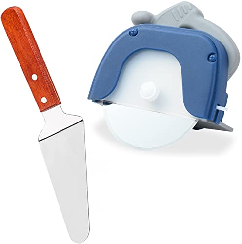Image of P-Plus International Pizza Cutter and Serving Turner - Pizza Serving Turner - Pizza Cutter Tool - Pizza Spatula - Pizza Cutter Wheel (Set of 2, Pizza Cutter - Blue)