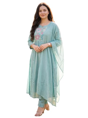 Image of INDO ERA Women's Pure Cotton Embroidered Thread Work Kurta & Pant with Dupatta Set (IEAI13046)