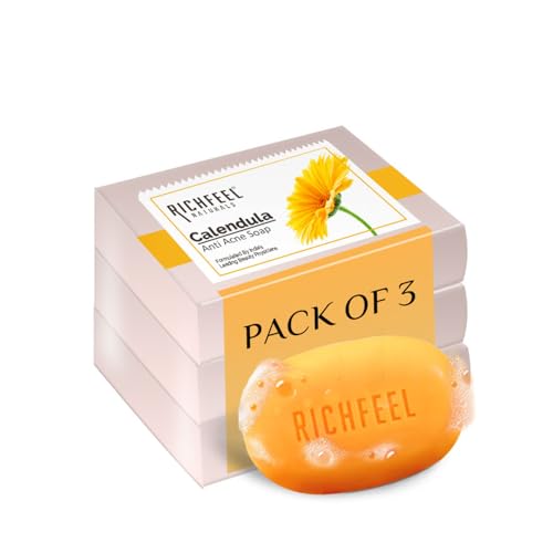 Richfeel Calendula Anti-Acne Soap pack of 3 | For Skin prone to Acne & Blemishes | Physician Formulated | Helps Calm & Replenish Skin | 75 g each
