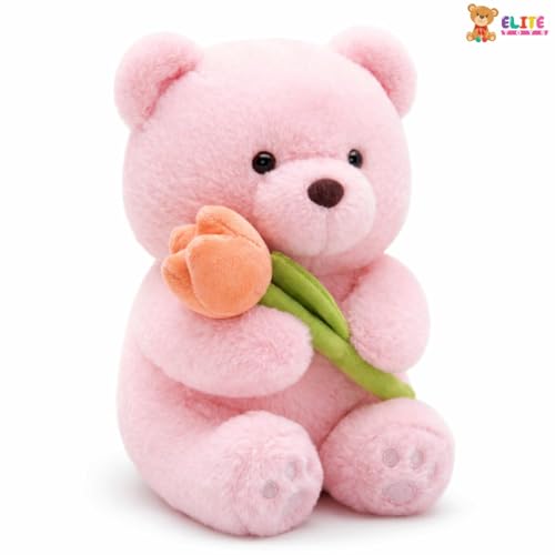 Image of ELITE CREATIONS Pink Teddy Bear with Flower 30 cm | Small Plush Teddy Bear Soft Toy | Huggable Stuffed Bear for Kids Girls | Birthday Gift Toy