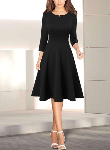 Image of VFSHOW Womens Work Business Front Zipper A-Line Dresses 3 /4 Sleeve Office Church Fit and Flare Skater Swing Knee Length Dress