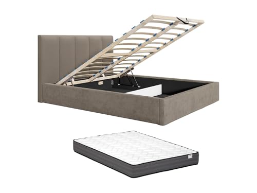 Vente-unique-CanapÈ abatible de 160 x 200 cm con cabecero de Costuras Verticales - Tela - Taupe - con colchÛn - KILACLO