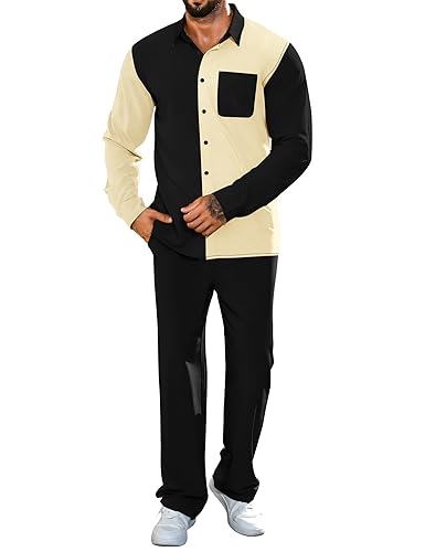 LecGee Mens 2 Piece Color Block Outfits Casual Long Sleeve Color Block Shirts and Pants Matching Set Sweatsuit