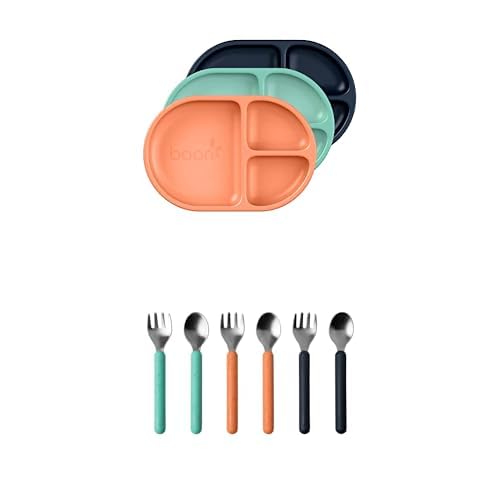 Image of Boon Chow Mealtime Toddler Plates and Utensils Bundle - Includes 3 Silicone Plates and 3 Sets of Stainless Steel Toddler Utensils - Toddler Feeding Supplies - Orange, Mint, Navy - 18 Months and Up