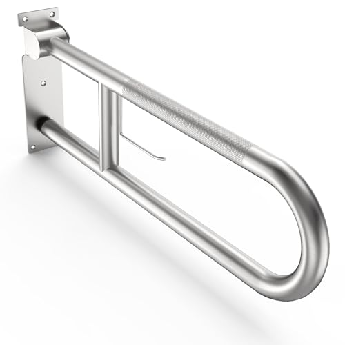Dexcip 23.6" Foldable Handicap Grab Bars, Brushed Knurled Anti-Slip Toilet Safety Rails with Paper Holder, Wall Mount Stainless Steel Bath & Shower Grab Bars for Pregnant Women Elderly & Disabled