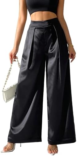 Women's Satin Wide Leg Palazzo Pants Plicated Silky Pull on Party...