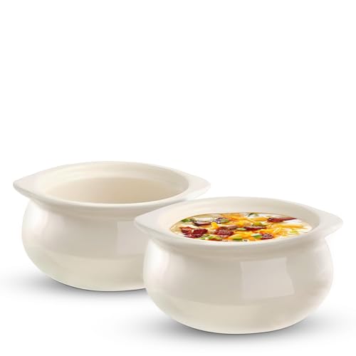 OCS Parts Ivory White Stoneware Onion Soup Bowls | Set of 2 | 12-Ounce Soup Bowls for Tomato Soup, Baked Beans, Chili, and More