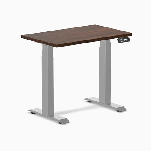 Image of Desky Small Electric Standing Desk, 32 x 20 inches Rubberwood Height Adjustable Sit Stand Desk with Dual Motor and Memory Presets, Compact Home Office Workstation - Dark Walnut Wood Top