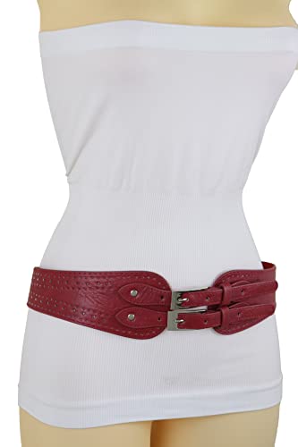 Women Fashion Stretch Belt Waist Hip Silver Metal Double Buckle Faux Leather Fit Size S M Red Color3