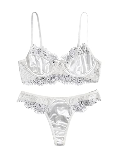Verdusa Women's Floral Lace Bow Knot Underwire Thong Satin Lingerie Set White XL