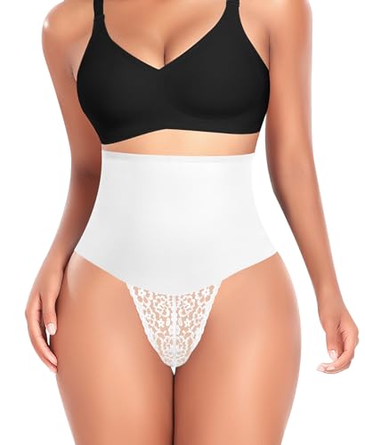 Image of Werena Tummy Control Thong Shapewear for Women Mid High Waisted Body Shaper Underwear Lace Shaping Thong Girdle Panties