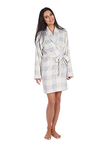 Cherokee Women's Luxury Plush Robe Mid-Length Bathrobe with Pockets, Ivory and Grey Bufflo Plaid, Medium