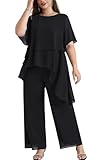 Hanna Nikole Two Piece Plus Size Mother of The Bride Pant Suits Chiffon Asymmetric Flowy Tunic & Pant Outfit Set Black 16 Plus