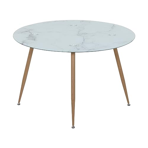 MOG CASA Mesa de Comedor Fija Redonda Corin | 120 x 120 x 75 cm | Ideal para Cocina o Salón | Ideal para 4 a 6 Personas | Tablero con Efecto Mármol Blanco | Patas Metálicas en Imitación Madera