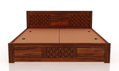 Image of Ganpati Arts Solid Sheesham Wood Queen Size Raj Bed with Box Storage | Wooden Double Bed Cot Palang Fruniture for Bedroom Living Room and Home (Natural Finish) 1 Year Warranty