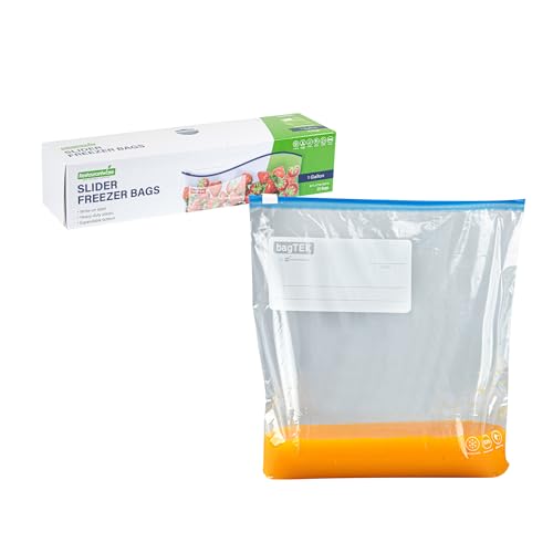 Image of Restaurantware-Bag Tek 1 Gallon Freezer Slider Bags, 25 Disposable Zipper Pouch Bags - Slide Zipper, Expandable Bottom, Clear Plastic Freezer Bag, With Write-On-Label, For Food Storage