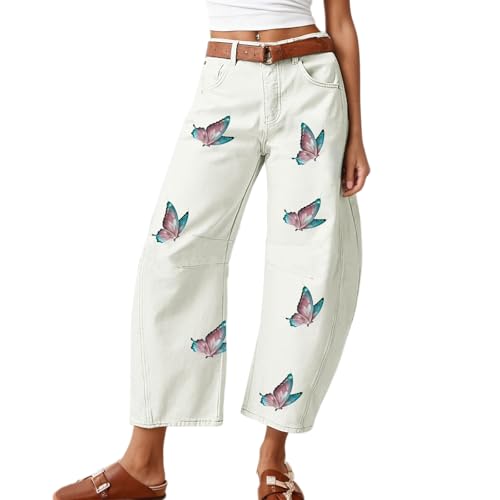 Akivide Women's Baggy White Floral Print Wide Leg Cropped Jeans Trendy Casual Loose Y2k Stretchy Boyfriend Denim Pants