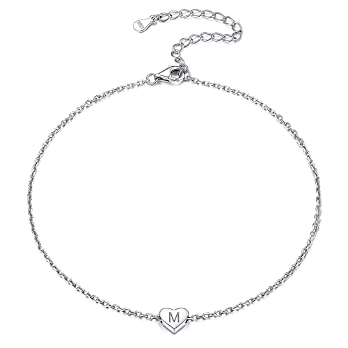 Chicsilver Personalized Heart Anklets For Women 925 Sterling Silver Initial Letter M Ankle Bracelet-Wear To Beach Wedding Or Party-Cute Durable Bare Foot Anklet 9 10 11 Inches Plus Size #TOP9