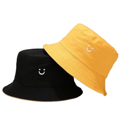 PythJooh 1PC Girls Boys Embroidered Smile Face Bucket Hat Kids Reversible Sun Hat Foldable Beach Hats Outdoor Caps for 2-8Years Yellow/Black