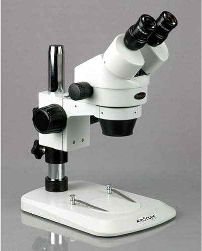 Image of AmScope SM-1BNZ Professional Binocular Stereo Zoom Microscope, WH10x Eyepieces, 3.5X-90X Magnification, 0.7X-4.5X Zoom Objective, Ambient Lighting, Pillar Stand, Includes 0.5x and 2.0x Barlow Lenses