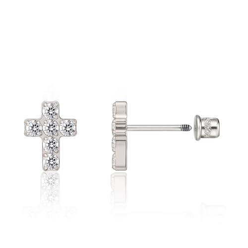 Limerencia Hypoallergenic G23 Implant Grade Titanium Cross Earrings Screw Back Tragus 20G Helix F136 Piercing Post for Sensitive Ears Cartilage (Cross CZ Silver)