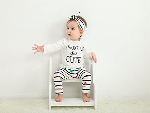 KuKitty 3Pcs Baby Girl Outfits Set I Woke Up This Cute Long Sleeve T-Shirt Tops Flowers Pants with Headband (0-3 Months)