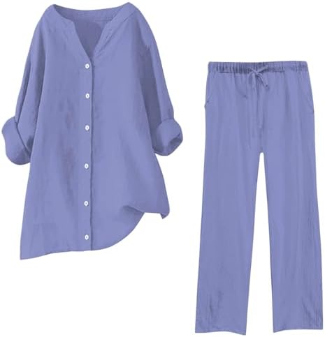 Lounge Sets for Women Comfy Plus Size Loungewear Set 3/4 Sleeve Henley Neck Top and Wide Leg Pants 2 Piece Outfits