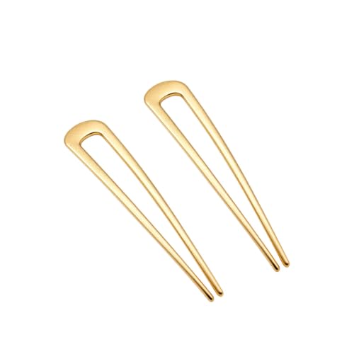 INCAUCA 2 Pack Simple Metal U Shaped Hairpins, French Style Hair Pins for Women Girl, Hair Stick Forks, Hair Styling Pins for Updo Buns, 2 Prong Tortoise Shell U Shaped Hair Pin Chignon (Gold)