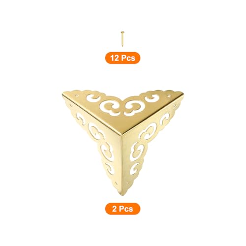 Image of uxcell 2 Pcs Brass Edge Guard, 65mm Decorative Box Corner Cover, Corner Protector, Vintage Stair Dust Corners with Screws, Gold