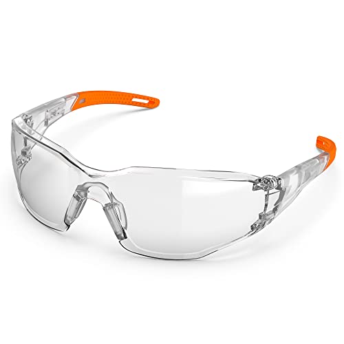 TOREGE Gafas protectoras transparentes - Puente nasal ajustable, antivaho y antiarañazos, ligeras con agarres de goma antideslizantes - Conforme ANSI Z87 (Naranja)