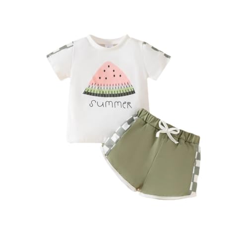 Adokioths Toddler Baby Girls Summer Outfits Watermelon T-shirt +Plaid Shorts Set Cute Baby Girl Clothes (12-18 Months,Green)